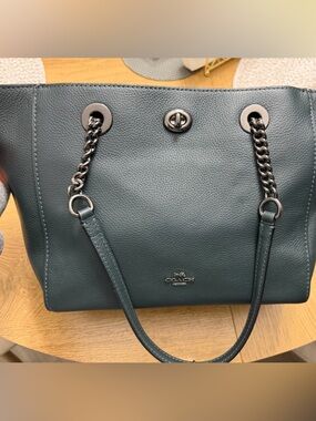 Coach Dark Green Pebbled Leather Shoulder Tote with Gunmetal Chain